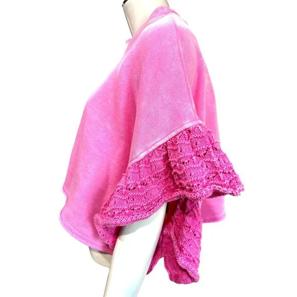 Altard State Medium Pink Cropped Sweatshirt Crochet Puff Sleeve Boho Top Girly - Picture 2 of 9